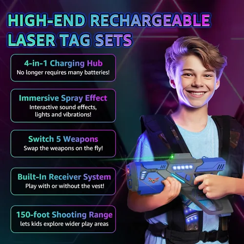 Vista 2 de Set de pistolas láser recargable con chalecos, set mejorado de 4 pistolas láser con efecto de spray de niebla y LED digital, juguete multijugador
