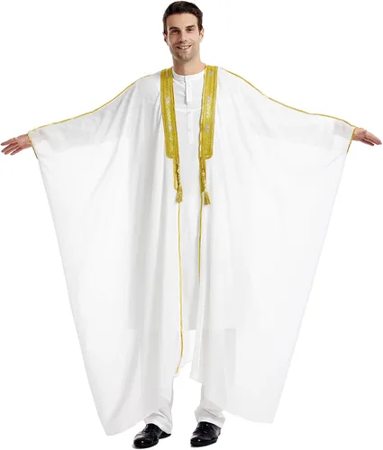Vista 7 de Abaya Dubai Jalabiya Thobe Muslim Ramadan Robe Arab Camisa Abaya Hombres Bordado Gasa Cubierta Blanco
