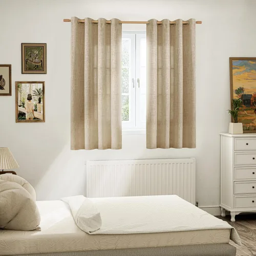 Vista 2 de Cortinas de Lino Toffee de 63 Pulgadas de Largo para Sala de Estar/Dormitorio, Arpillera Gruesa Texturizada Filtrado de Luz No Transparente