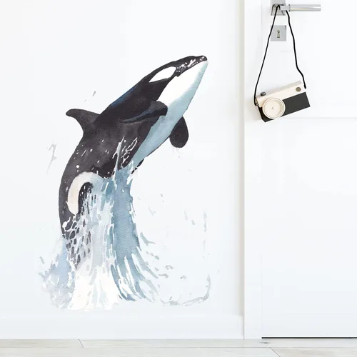 Vista 3 de Calcomanía de pared con diseño de ballena asesina saltando fuera del agua, para guardería, orca, animales marinos, extraíble, despegar y pegar