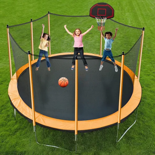 Vista 7 de Yoluckea 1500 libras 10 12 14 15 16 pies para adultos y niños con rociador, luces, aro de baloncesto, bolas de agua, 16 calcetines, trampolín