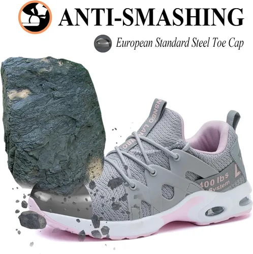 Vista 2 de LANSNBO Zapatos de punta de acero para mujer, zapatos de trabajo de seguridad indestructibles, con amortiguación de aire, ligeros, transpirables
