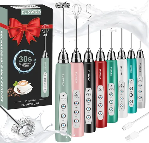 Vista 43 de YUSWKO Baby Blue - Varita espumadora de leche de mano para café, batidor eléctrico recargable con 3 cabezales, 3 velocidades, mezclador de bebidas