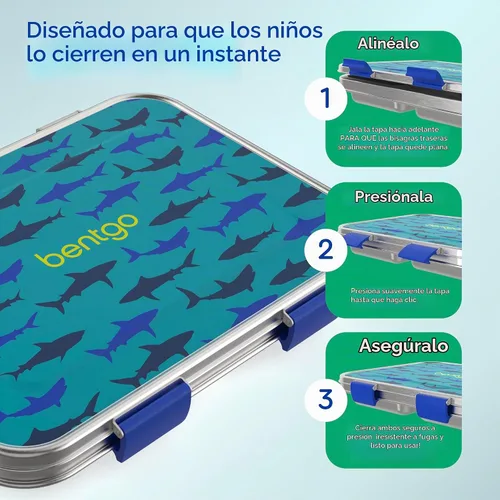 Vista 4 de Bentgo Kids Prints - Lonchera de acero inoxidable con 3 compartimentos Tiburón