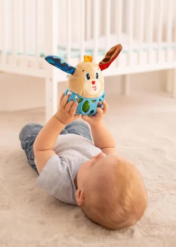 Vista 5 de Balibazoo Puppy Paul Rattle Ball - Juguete sensorial de felpa suave con orejas arrugadas, bola de silicona perforada y sonajero, diseño de fácil