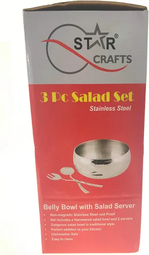 Vista 4 de Ensaladera martillada de 3 piezas con 2 utensilios para servir – Completo con cuchara y tenedor de gran tamaño a juego – Úselo como ensaladera