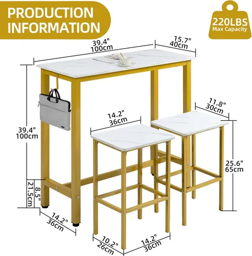 Vista 5 de Finnhomy Juego de mesa de bar, mesa de pub de 39.3 pulgadas, mesa rectangular de altura de barra, mesa de bar con taburetes, juego de mesa de cocina