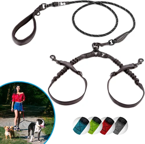 Vista 31 de Correa doble premium para dos perros, absorción de golpes, antitirón, doble correa para razas medianas y grandes con accesorio de correa doble