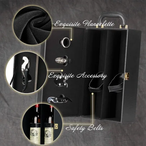 Vista 3 de Caja de vino, 2 botellas de cuero sintético con asa superior para vino con 4 accesorios