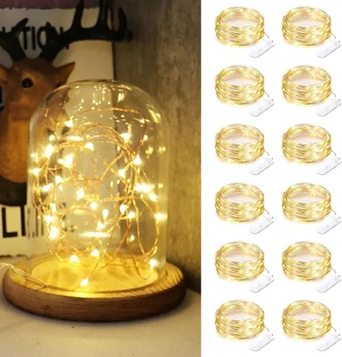 Vista 11 de Paquete de 12 luces de hadas que funcionan con pilas, 7 pies, 20 luces LED de alambre plateado