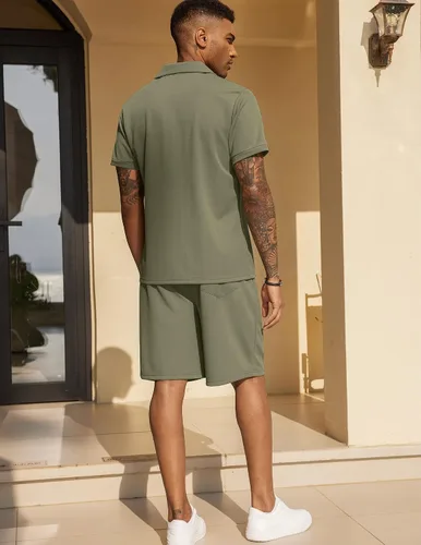 Vista 3 de COOFANDY Conjunto de camisa polo y pantalones cortos para hombre, trajes de verano de 2 piezas, pantalones cortos, trajes de moda casuales de manga