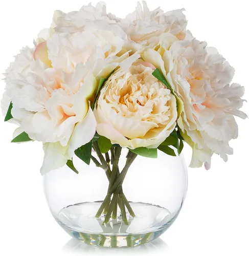 Vista 7 de ENOVA FLORAL Flor de peonía artificial con jarrón, arreglo de flores falsas, peonía sintética en jarrón de vidrio para decoración de cocina, oficina