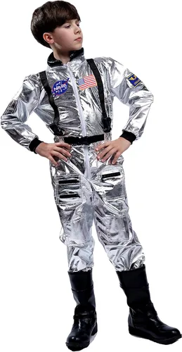 Vista 4 de Maxim Party Supplies Disfraz de astronauta para niños, traje espacial con parches bordados y bolsillos para niños (1214)