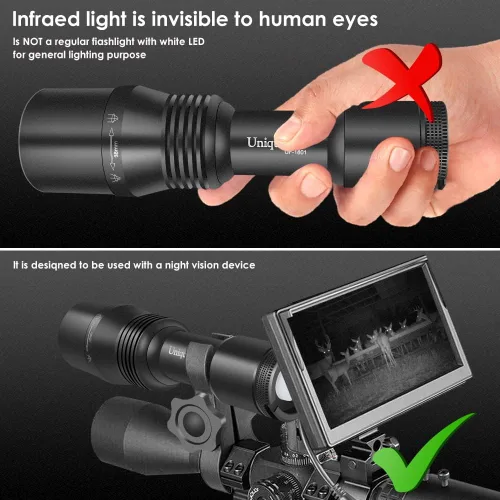 Vista 2 de Linterna iluminadora IR de 940 nm para alcance de visión nocturna, antorcha LED infrarroja con zoom recargable, función de memoria de 3 modos