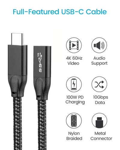 Vista 2 de Cable de extensión USB C, 2 pies / 2.0 ft USB 3.1 Gen 2 tipo C macho a hembra cable extensor compatible con PD 100W/10Gbps/4K @60Hz salida de video