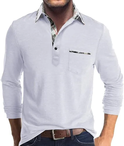 Vista 13 de Aulemen - Camisas polo de manga larga para hombre casuales con botones, absorbentes de humedad, de algodón, elegantes, camisetas para golf