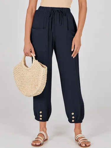 Vista 4 de ANRABESS Pantalones de lino de verano para mujer, estilo casual, pierna ancha, con cordón en la cintura, pantalones palazzo recortados