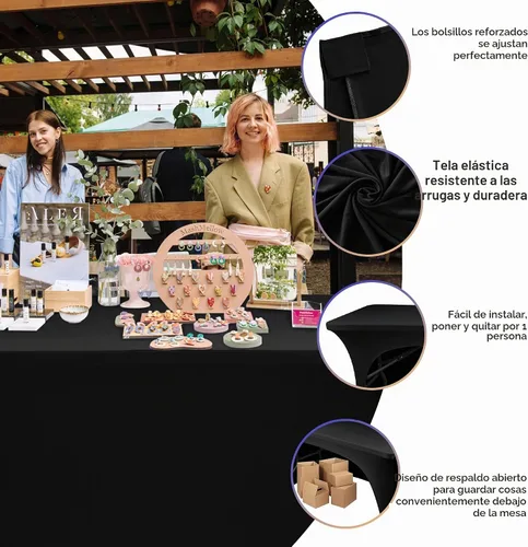 Vista 4 de Nasitos Paquete de 2 Manteles Ajustados de Spandex Negro para Mesas de 4 Pies - Cubierta para Mesa Plegable con Respaldo Abierto, Tela Lavable