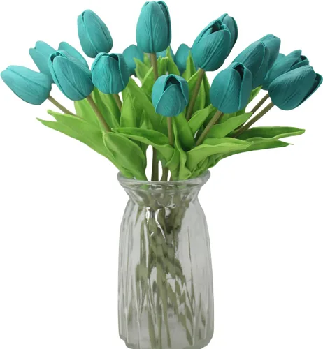 Vista 19 de Flores artificiales, 10 cabezas, mini tulipán artificial de tacto real para decoración del hogar, boda, fiesta, centro de mesa (negro)