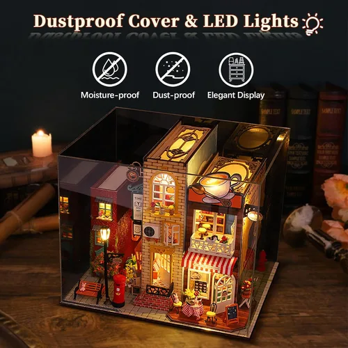 Vista 6 de Kit de casa en miniatura para hacer bricolaje, kit de casa de muñecas en miniatura, rompecabezas de madera 3D de café con fundas LED a prueba