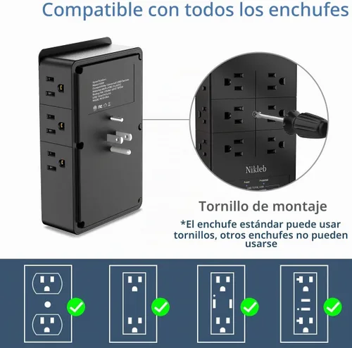Vista 5 de Protección contra sobretensiones Nikleb, enchufe de pared con 4 puertos USB 5V 4.8A en total, extensor de 12 tomas múltiples, adaptador de enchufe