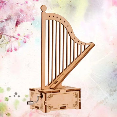 Vista 6 de ibasenice Caja de música con forma de arpa hecha a mano para niños, juguete musical de manivela montada de madera portátil, pequeña caja de música