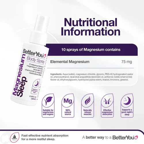 Vista 3 de BetterYou Spray corporal muscular de magnesio, relajante tópico de magnesio y aceite esencial, lavanda y manzanilla, promueve un mejor sueño, 3.38