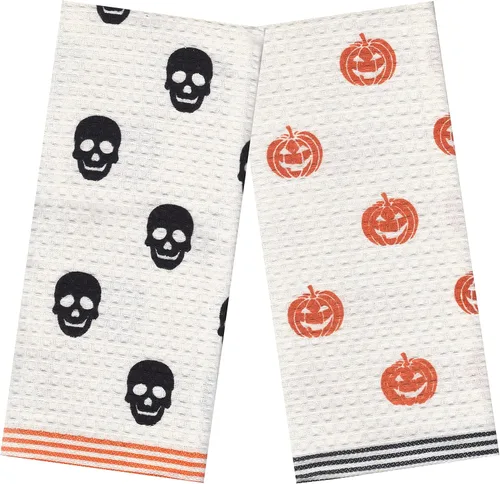 Vista 2 de Juego de toallas de cocina de Halloween, toallas de mano con lazo para colgar, diseño de calaveras con tema de calabaza, decoración del hogar