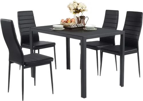 Vista 2 de S AFSTAR Juego de mesa de comedor de 5 piezas, juego de mesa de cocina con mesa de vidrio templado negro y 4 sillas acolchadas de piel sintética