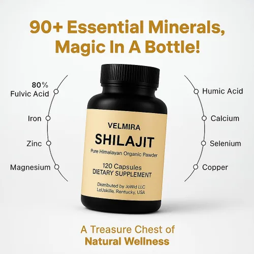 Vista 2 de Velmira. Shilajit Cápsulas de resina pura del Himalaya. 1000 mg, verificado en laboratorio, naturales para hombres y mujeres, más de 85 minerales