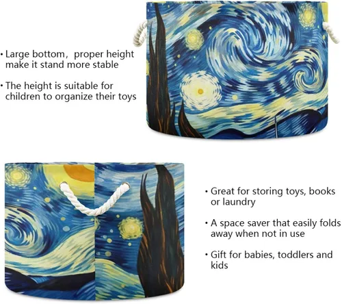 Vista 3 de Cesta de cuerda de algodón Van Gogh The Starry Night Art Baby Laundry Basket Manta Kids Toy Storage Basket #87