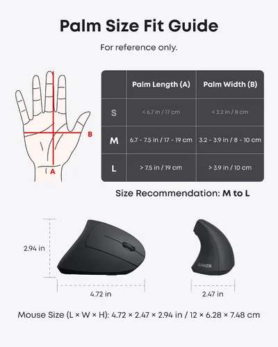 Vista 5 de Mouse óptico, ergonómico, vertical e inalámbrico 2.4G de Anker, modelos 800/1200/1600 ppp, con 5 botones y en color negro