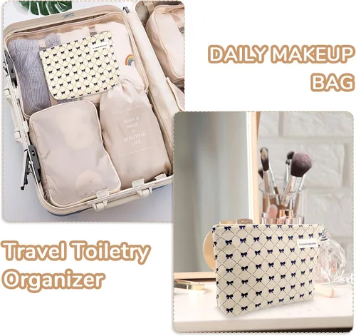 Vista 7 de Bolsa de maquillaje estética grande, bolsas de cosméticos florales para mujeres y niñas, organizador de maquillaje de lona con cremallera, bolsa