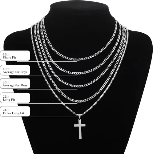 Vista 7 de LUXEJEW Collar de cruz de acero inoxidable para hombres y niños, cadena de eslabones cubanos de plata dorada y negra, cadena de cadena con colgante