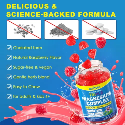 Vista 6 de Calm Focus Gomitas de glicinato de magnesio, con omega-3 + azafrán para niños de 6 años y adultos, triple complejo de magnesio de 500 mg/250 mg