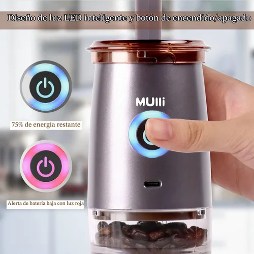 Vista 5 de Mulli Molinillo de café portátil, molinillo eléctrico para café, molinillo de rebabas ajustable con 5 ajustes precisos de molienda para goteo