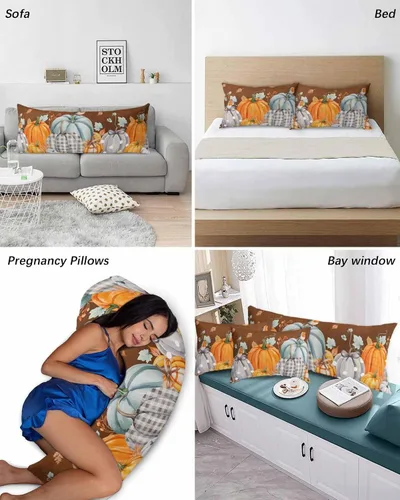 Vista 4 de Fundas de almohada de tamaño King con calabazas marrones, fundas de almohada suaves decorativas para sofá de cuerpo largo, con cierre de sobre