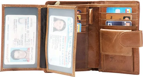 Vista 3 de POKOFO Gran RFID Cuero Genuino Tarjetero Trifold Wallet Snap Cierre 3 ID Windows para los hombres