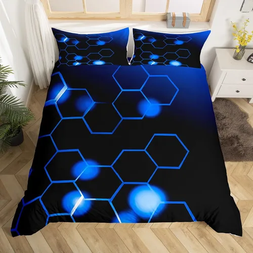Vista 11 de Feelyou Juego de ropa de cama verde y negro tamaño individual para niños y adolescentes, juego de funda de edredón con temática hexagonal