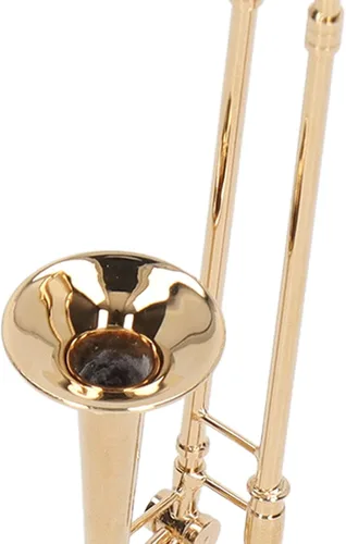 Vista 7 de Mini modelo de trombón de cobre con soporte y estuche, instrumento musical de casa de muñecas de latón para decoración del hogar, réplica