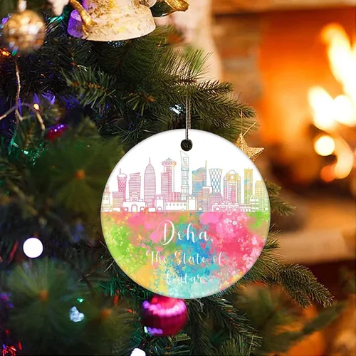 Vista 3 de Adorno navideño de cerámica impreso en dos caras del estado de Qatar-Doha, novedad para familiares, amigos, niños, pintura colorida de la ciudad