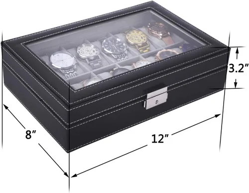 Vista 5 de AUTOARK Caja de reloj de cuero, 12 relojes, organizador de joyas, negro, AW-040