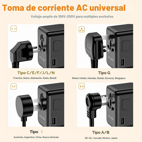 Vista 5 de Adaptador de Viaje Universal, VYLEE Adaptador de Enchufe Internacional de 45W con Carga Rápida PD, 5 Puertos (1 AC/1 USB-A/3 USB-C), Cargador