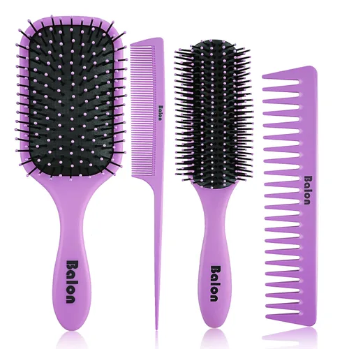 Vista 9 de Cepillo de pelo Balon para mujeres y hombres, juego de cepillo de paleta de 4 piezas, cepillo desenredante, peine para cabello largo, grueso, fino