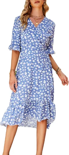 Vista 3 de DREAM SLIM - Vestido de verano bohemio con volantes y estampado floral para mujer, casual, manga corta, columpio, playa, fiesta, vestido midi