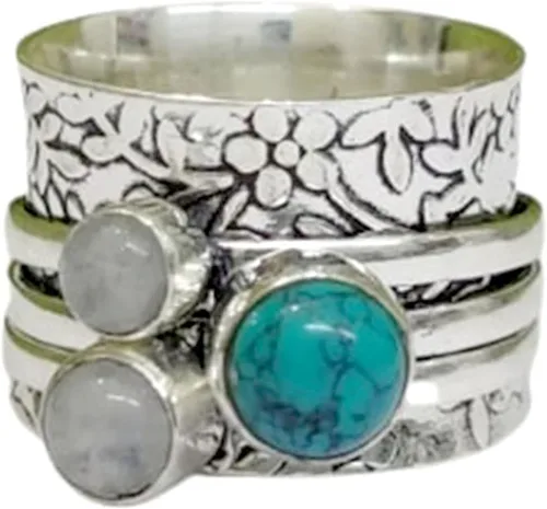 Vista 8 de Multi-Gemstone Spinner Ring for Women, 925 Sterling Silver Boho Meditation Band with Amethyst, Moonstone, Opal, Garnet, Gift for Her