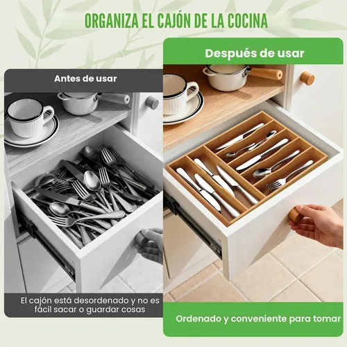 Vista 4 de Organizador de cubiertos, soporte para utensilios de cajón de cocina (bambú, grande)