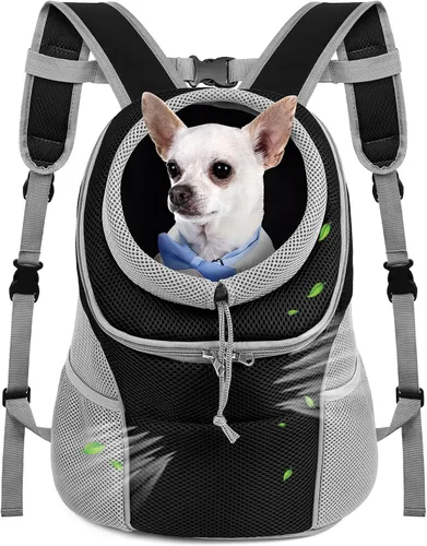 Vista 9 de WOYYHO Mochila transportadora para perros pequeños, mochila frontal ventilada para perros con bolsillos de almacenamiento, correas ajustables