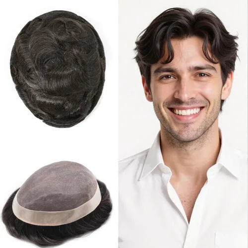 Vista 45 de Fine Mono Men Hair System Mens Toupee Real Human Hair Pieces For Men's Toupee Hair System For Men Hair Piece Natural Hairline 6X8 densidad de luz
