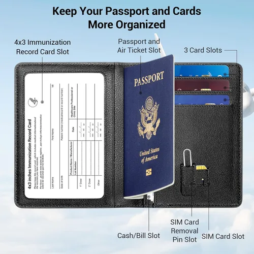 Vista 3 de Funda de cuero genuino para pasaporte, billetera con bloqueo RFID, BAPHITY de lujo y simple, Grano negro, Classic